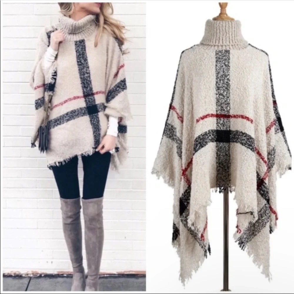 Plaid Turtleneck Fringe Women Poncho - Picture 5 of 5